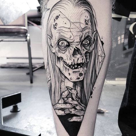 Cryptkeeper Tattoo by @cuttybage Cryptkeeper Tattoo, Scary Tattoo Ideas, Horror Sleeve, Frankenstein Tattoo, Chucky Tattoo, Crypt Keeper, Horror Tattoos, Horror Movie Tattoos, Tattoo Artist Tattoo