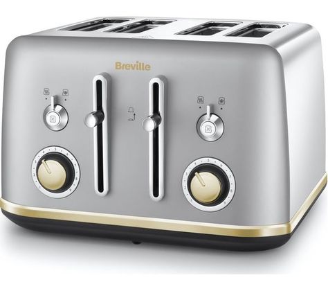 VTT92901 - BREVILLE Mostra VTT929 4-Slice Toaster - Silver & Gold - Currys Business Breville Toaster, 4 Slice Toaster, Toasters, Printer Ink Cartridges, Cord Storage, Crumpets, Kitchen Scale, Label Printer, Household Appliances