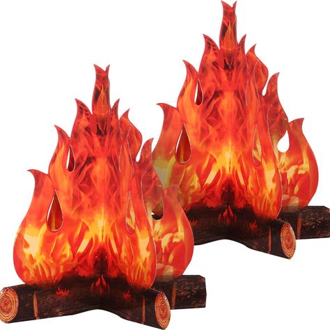 Cardboard Campfire, Campfire Party Decorations, Campfire Centerpiece, Camping Party Decorations, Fake Fire, Campfire Party, Survivor Party, Cardboard Fireplace, Bonfire Party