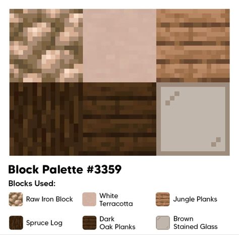 Jungle Wood Color Palette Minecraft, Cottagecore Minecraft Pallet, Minecraft Nation Ideas, Jungle Wood Block Pallete Minecraft, Block Pallet Ideas Minecraft Spruce, Dark Oak Color Palette Minecraft, Aesthetic Minecraft Block Combinations, Dark Oak Block Pallet Minecraft, Block Palate Minecraft