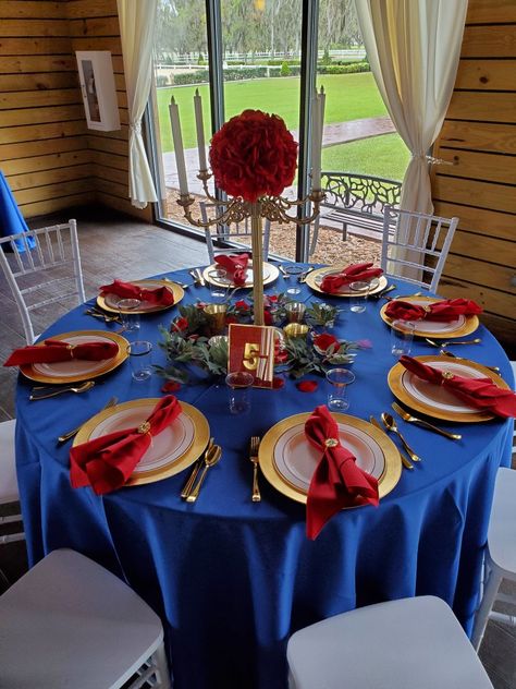 Marvel Quinceanera Theme, Snow White Quince Dress, Beauty And Beast Theme Quince, Sweet 15 Beauty And The Beast Theme, Royal Blue And Red Quinceanera Decorations, Beauty And The Beast Quinceanera Tables, Red Blue And Gold Quince, Beauty And Beast Theme Party, Snow White Xv Theme