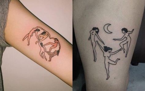 Witches dancing around moon tatoo black and white witch Feminist Tattoos, Dance Tattoo, Feminist Tattoo, Girl Power Tattoo, Power Tattoo, Power Photos, Witch Tattoo, Handpoke Tattoo, Plant Tattoo