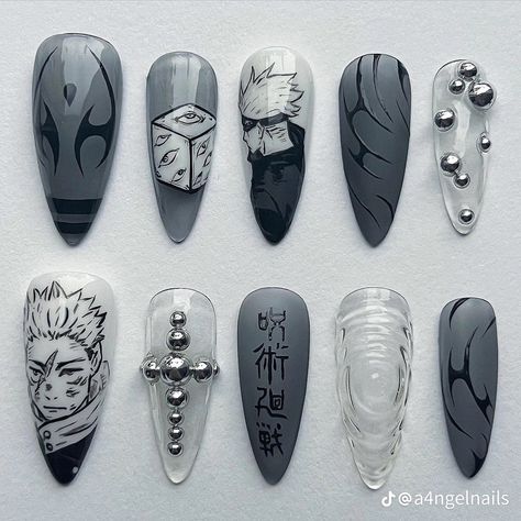 Anime Nail Designs, Jjk Nails, Anime Nail Art, Anime Nail, Fake Nails Designs, Punk Nails, Anime Nails, Edgy Nails, Pretty Gel Nails