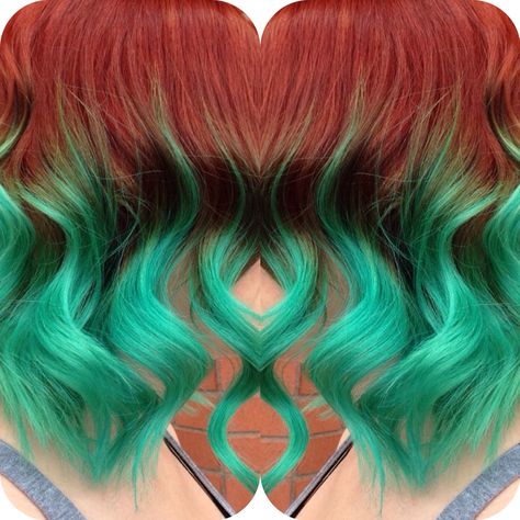 Red copper with minty teal ombré! #matrix #pravana Red And Teal Hair Color, Copper And Teal Hair, Copper And Green Hair, Green Hair Streaks, Green Hair Ombre, Red And Green Hair, Curly Hairdos, Pride Hair, Dyed Hair Pastel