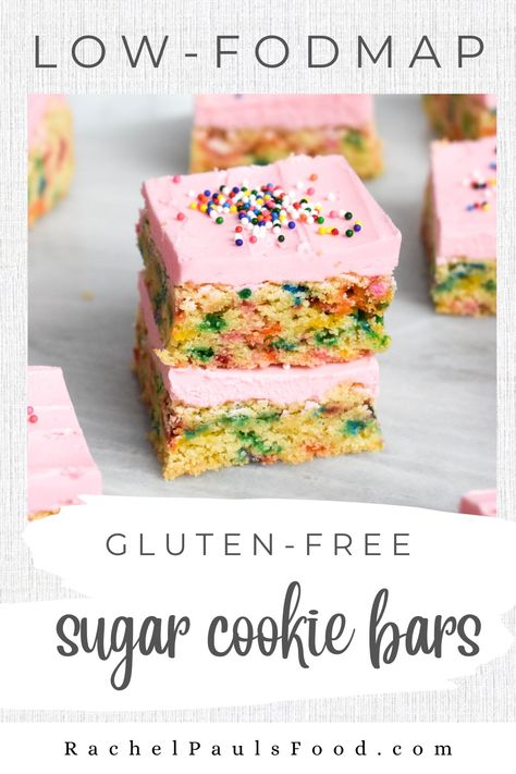 Low-FODMAP Sugar Cookie Bars with Buttercream Frosting; Gluten-free | Rachel Pauls Food Low Fodmap Cookies, Lowfod Map, Low Fodmap Fruits, Treating Ibs, Low Fodmap Desserts, Free From Recipes, Desert Inspo, Fodmap Desserts, Sunny With A Chance