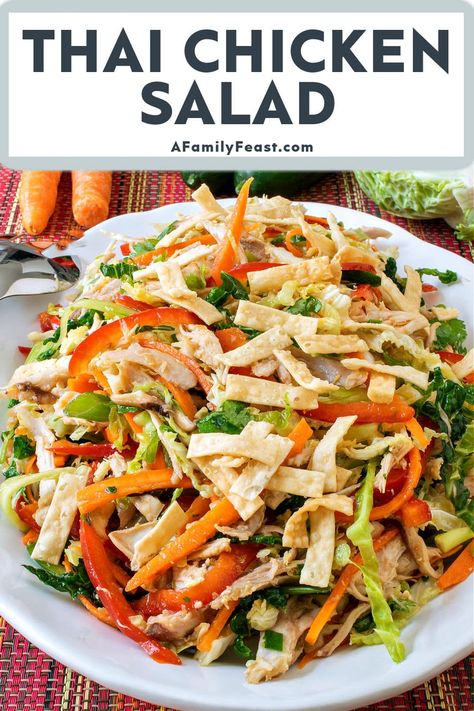 Thai Chicken Salad - A Family Feast Thai Chicken Salad Cheesecake Factory, Thai Chicken Salad With Noodles, Thai Chicken Noodle Salad, Thai Chicken Salad With Peanut Dressing, Asian Chicken Noodle Salad, Chicken With Cabbage, Asian Salads, Thai Salad Recipes, Chicken Salad Dressing