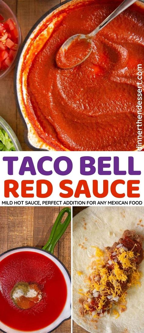 Taco Bell Red Sauce (Copycat) is your favorite fast food mild hot sauce perfect to top any Mexican food. #dinner #tacobell #copycatrecipes #tacosauce #redsauce #tacobellrecipes #dinnerthendessert Taco Bell Sauce Recipe, Taco Bell Red Sauce, Taco Bell Fire Sauce Recipe, Copycat Taco Bell Red Sauce, Taco Bell Copycat Recipes Sauces, Copycat Taco Bell Fire Sauce, Taco Bell Copycat Recipes, Taco Bell Mild Sauce Recipe, Mild Sauce Recipe