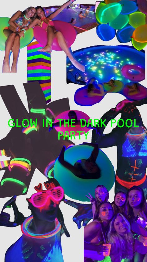 glow in the dark pool party #glowinthedark #poolparty #inspo @presleebuford Glow In The Dark Bathing Suit, Glow In The Dark Bounce House, Neon Birthday Party Pool, Glow In The Dark Beach Party, Neon Hawaiian Party, Pool Party Glow In The Dark, Glow Swim Party, Neon Swim Party, Pool Party Neon Night