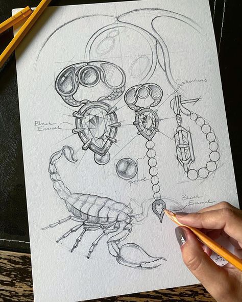 Jewelry Sketches Design, Accessory Design Sketches, Jewelry Art Drawing, Jewelry Design Sketch Drawings, Jewelry Sketch Design, Jewelry Design Portfolio, Jewelry Design Sketch, Sketch Jewelry, Scorpion Jewelry