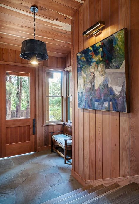 Summer camp inspired cabin immersed in a majestic grove of Redwoods Fishing Camp Cabin, Summer Camp Aesthetic Cabin Interior, Redwood Cabin, Old Cabin Interior, Mcm Cabin, Moody Cabin, 70s Cabin, Log Cabin Renovation, Cabin Flooring