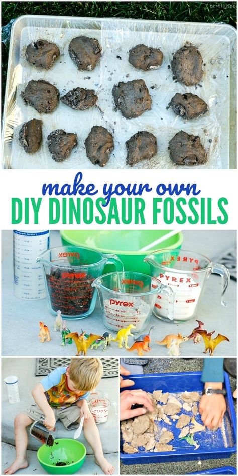 How to make dinosaur fossils for kids - this DIY activity for kids is great for all ages, especially preschool. You can create a homemade dinosaur dig and explore together! Make Dinosaur Fossils, Dinosaur Crafts Kids, Fossils Activities, Dinosaur Crafts Preschool, Dinosaur Lesson, Dinosaur Theme Preschool, Dinosaur Activities Preschool, Dinosaur Dig, Dinosaurs Preschool