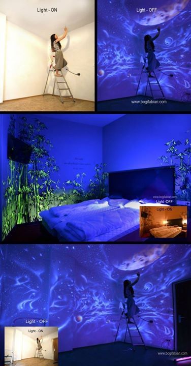 Glow In The Dark Room, Glow Paint, Turn The Lights Off, Bedroom Murals, Stunning Interior Design, Dark Wall, Mural Ideas, Dark Room, Artist Paint