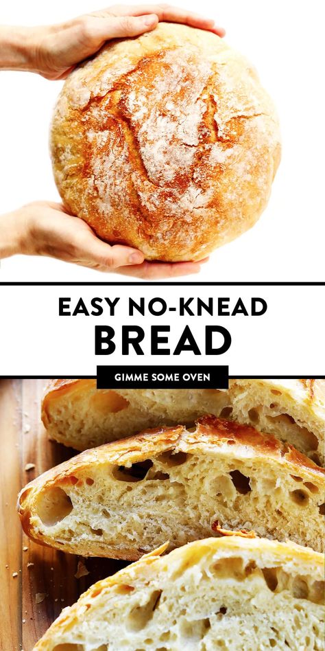 The BEST No Knead Bread recipes -- the traditional (overnight) method or a faster (2-hour) method. Both yield the most delicious crusty homemade bread loaves that are easy to make with minimal hands-on prep time. | gimmesomeoven.com #bread #noknead #easy #side #vegan #vegetarian #homemade Vegan Crusty Bread, Homemade Bread Loaf, Knead Bread Recipe, No Knead Bread, Crusty Bread, Loaf Bread, Dry Yeast, Homemade Bread, Yeast