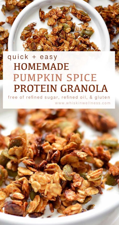 Pumpkin Spice Protein Granola: gluten-free and delicious homemade granola filled with fall flavors that you'll "fall" in love with at first bite #proteingranola #pumpkingranola #pumpkinspice #homemadegranola #glutenfreebreakfast Pumpkin Granola Recipe Healthy, Homemade Pumpkin Spice Granola, Homemade Fall Granola, Pumpkin Spice Granola Healthy, Homemade Pumpkin Granola, Healthy Pumpkin Granola, Pumpkin Granola Healthy, Healthy Fall Granola Recipe, Thm Granola Recipe