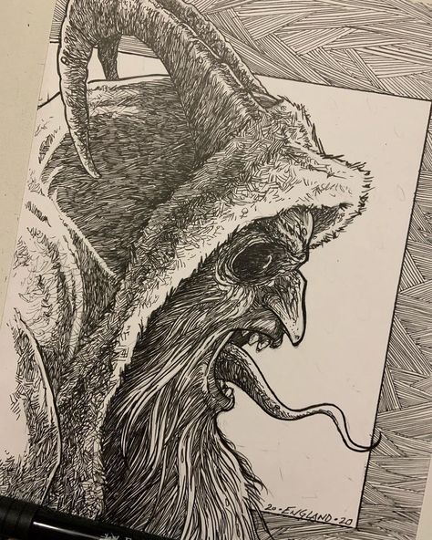 Don England on Instagram: “Ho ho ho... #krampus #evilsanta #horns #penandink #fabercastell #christmas #darkart #beard #hohoho” Scary Christmas Drawings, Creepy Christmas Drawing, Krampus Wallpaper Iphone, Krampus Sketch, Krampus Drawing, Krampus Art, Horror Drawings, Christmas Tattoos, Medical Drawings