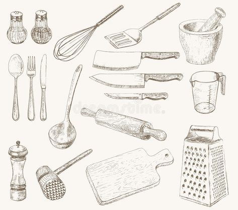 Kitchen utensils set. Hand drawn kitchenware and cutlery #Sponsored , #sponsored, #PAID, #utensils, #kitchenware, #cutlery, #set Kitchen Utensils Drawing, Kitchen Tools Drawing, Utensils Drawing, Kitchen Utensils Design, Drawing Furniture, Kitchen Objects, Kitchen Utensils Set, Food Tattoos, Victorian Kitchen