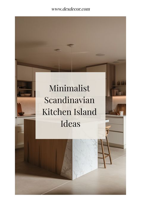 Minimalist Scandinavian kitchen with a marble kitchen island and warm wood accents. Scandinavian Kitchen Island Ideas, Scandinavian Kitchen Inspiration, Hygge Kitchen Inspiration, Kitchen Inspiration Scandinavian, Nordic Kitchen Inspirations, Warm Minimalist Kitchen, Scandi Kitchen Design, Minimalist Scandinavian Kitchen, Scandinavian Kitchen Island