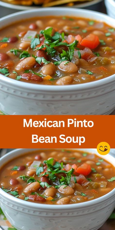 Discover the ultimate comfort in a bowl with our irresistible Mexican Pinto Bean Soup! Bursting with savory bacon, aromatic spices, and hearty pinto beans, this soup is a flavorful fiesta for your taste buds. Quick to make and perfect for any occasion, it's a must-have recipe for cozy nights and festive gatherings alike. Bean Soup Mexican, Mexican Bean Soup Recipes, Pinto Beans With Ground Beef, Pinto Bean Soup Crockpot, Pinto Bean Recipes Crockpot, Cuban Bean Soup, Mexican Pinto Bean Recipes, Mexican Pinto Bean Soup, Best Pinto Beans Ever