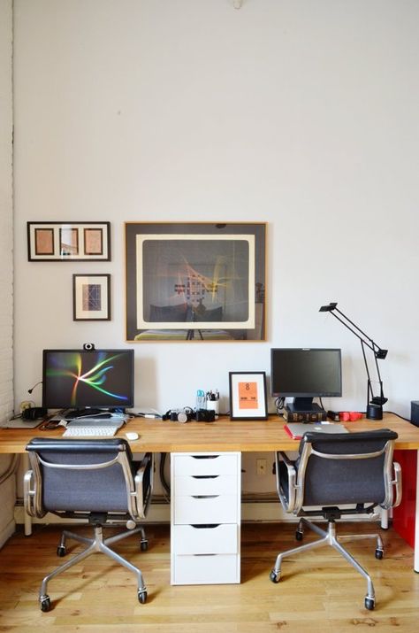 Sharing a Studio: How A Brooklyn Couple Makes it Work in a Small Space | Apartment Therapy Apartment Therapy Loft, Two Person Desk Small Space, Small Shared Office, Couples Office Space Home, Couples Desk, Shared Desk, Apartment Therapy Small Spaces, Two Person Desk, Brooklyn Loft