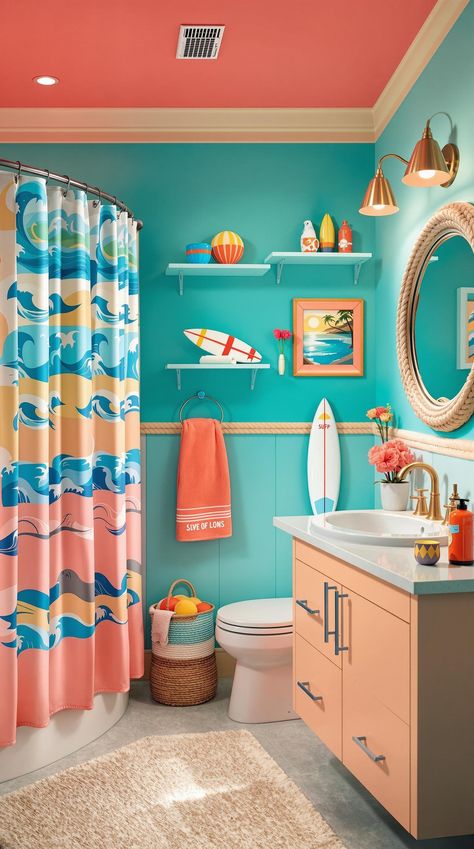 Coastal Bathroom Ideas Colorful Tropical Bathroom, Ocean Bathroom Ideas, Coastal Bathroom Mirrors, Beachy Bathroom Decor, Surf Bathroom, Pool Bathroom Ideas, Coastal Bathroom Ideas, Retro Beach House, Ocean Themed Bathroom