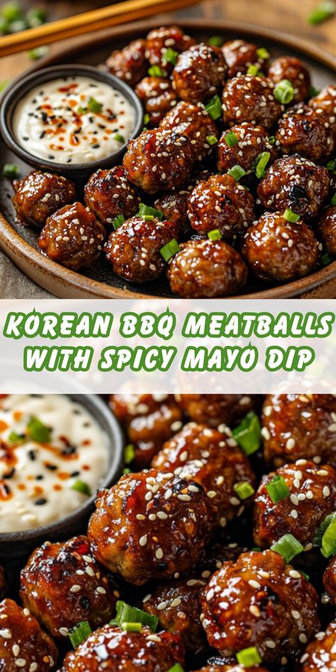 orean BBQ meatballs are a delicious fusion of sweet, savory, and spicy flavors. Made with soy sauce, garlic, ginger, and gochujang, these juicy meatballs are perfect as an appetizer, snack, or main dish. Paired with a creamy, spicy mayo dip, they are a guaranteed crowd-pleaser Korean Bbq Meatballs, Mayo Dip, Juicy Meatballs, Soy Sauce Garlic, Bbq Meatballs, Spicy Mayo, Korean Bbq, Crowd Pleaser, Sweet Savory