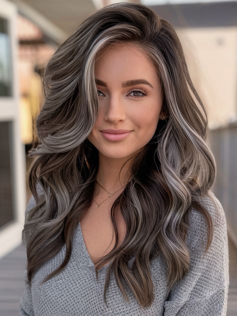 Medium Brown Hair With Beige Highlights, Todays Hair Trends, Brunette Hair White Highlights, Shadow Root Dark Brown, Hiding Greys In Brown Hair, Darker Hair For Fall, Brown Hair Colors For Winter, Fall And Winter Hair Color Ideas For Brunettes, Cool Winter Hair Color For Brunettes