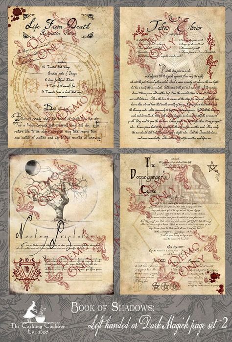 The Cackling Cauldron witches are proud to extend their knowledge of magick and all of it's many possibilities in these ever expanding grimoire page sets. Each set contains 4 pages of detailed images and writings that will make a wonderful prop piece for your Halloween witches kitchen or display.  The pages are a digital download set of high resolution transfers at 300 dpi. They are set for a large book measuring 9"x 12" but can easily be down sized to a standard 8.5" X 11". Pages can be mounted Grimoire Inspiration, Dark Magic Spells, Halloween Spell Book, طابع بريدي, Magic Herbs, Magick Spells, Witchcraft Spell Books, Witches Cauldron, Witch Spell Book