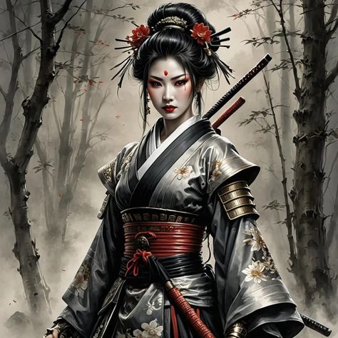 Explore AI Generated Art - NightCafe Creator Geisha Warrior, Geisha Samurai, Geisha Tattoos, Samurai Tattoo Sleeve, Guerriero Samurai, Japanese Princess, Angel Spirit, Grace Symbol, Geisha Tattoo