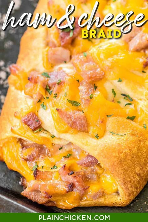 Ham & Cheese Braid - Only 4 ingredients! Great way to use up leftover holiday ham. Crescent rolls, ham, cheddar cheese, and honey mustard dressing. Ready in under 30 minutes. Everyone LOVES this easy stuffed bread recipe!! #crescentrolls #ham #cheese #sandwich Ham And Cheese Bread, Ham Dinner Recipes, Ham Dishes, Ham Dinner, Stuffed Bread, Leftover Ham Recipes, Canned Ham, Holiday Ham, Ham And Cheese Sandwich