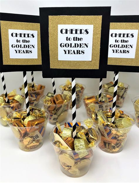 Work Retirement Party Ideas, Retirement Party Centerpieces, Easy Cheers, Retirement Party Themes, Teacher Retirement Parties, Retirement Decorations, Retirement Party Favors, Candy Cups, Retirement Party Gifts