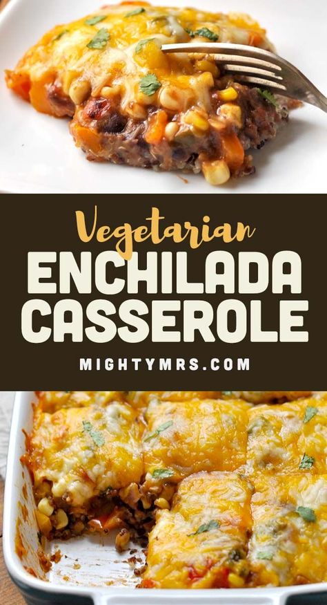 Vegetarian Enchilada Casserole - An easy healthy casserole recipe, perfect for Meatless Monday as a way to ease into healthier eating. Made with black beans, green chilies, quinoa and/or rice, veggies and cheese. This meal is simple to prep and delicious to eat! You won't miss the meat. Mix it up and try it with red or green enchilada sauce. Good both ways!! Lower your carbs—no tortillas needed. Freezer friendly too. MUST TRY for anyone looking to eat healthier or cut out meat from their diet. Easy Healthy Casseroles, Vegetarian Enchilada, Vegetarian Enchilada Casserole, Healthy Casserole, Vegetarian Casserole, Vegetarian Enchiladas, Healthy Casserole Recipes, Vegetarian Mexican, Meat Diet