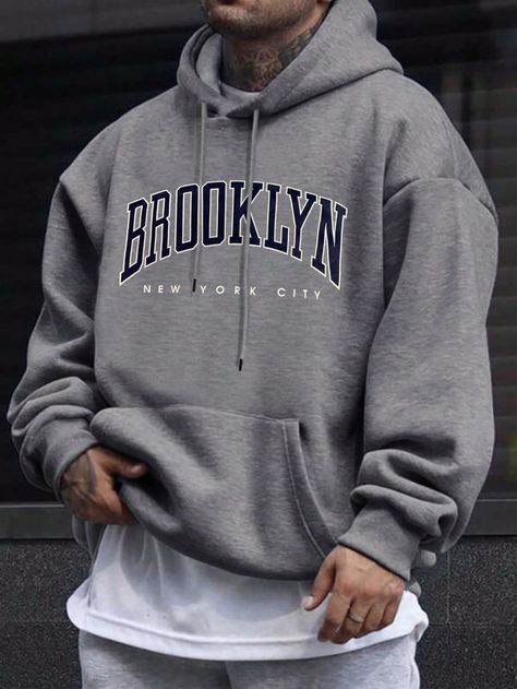 Grey Casual Collar Long Sleeve Knitted Fabric Letter  Embellished Slight Stretch  Men Clothing Cool Hoodies Designs For Men, Oversize Hoodie Men, Guy Wearing Hoodie, Mike Outfits, Baggie Hoodie, Oversized Pullover Outfit, Pinocchio Costume, Stylish Hoodies Men, Oversized Hoodie Men