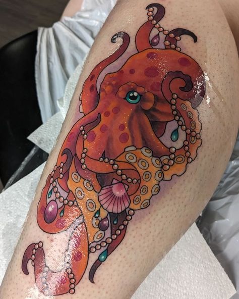 Check out this stunning Octopus by our sponsored artist @elliedanby_tattoos #stunning #colourtattoos #neotraditional #lovehopetattoocare Neotrad Octopus Tattoo, Neo Traditional Octopus Tattoo, Traditional Octopus Tattoo, Tattoo Octopus, Inspo Tattoo, Hope Tattoo, Octopus Tattoos, Jellyfish Tattoo, Sea Floor