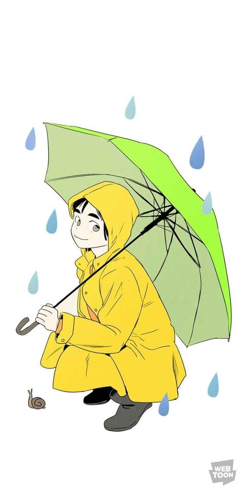 Miae wearing yellow raincoat and holding a green umbrella Poses With Umbrella Drawing, Anime Holding Umbrella, Person With Umbrella Drawing, Person Holding Umbrella Reference Drawing, Holding Bread Reference, Raincoat Drawing Reference, Anime Umbrella Pose, Raincoat Reference, Miae Cheol Fanart