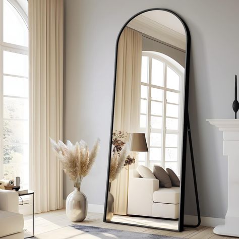 71"x28" Arched Full Length Large Black Mirror - Standing or Leaning Against Wall Under £300 #williamwoods #amazon #largemirror #stylishmirror #freestandingmirror #archedmirror #fulllengthmirror #homedecor #simpledecor #beige #black Large Bedroom Mirror, Full Length Mirror Stand, Floor Length Mirror, Full Length Mirrors, Full Length Floor Mirror, Floor Standing Mirror, Full Body Mirror, Mirror Wall Bedroom, Full Length Mirror Wall