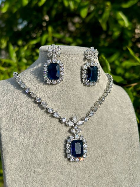 Handmade Style: Necklace and Earrings Set Material: Platinum Plated, Lab Simulated Sapphire and White Sapphire Stones Imported Please Note: This necklace and earrings are sold as a set. Item Number: 7078S Platinum Necklace For Women, Loui Vuttion, Royal Earrings, Royal Family Fashion, Blessed Wednesday, Blue Sapphire Jewelry, Headpiece Accessories, Sapphire Stones, Headpiece Jewelry