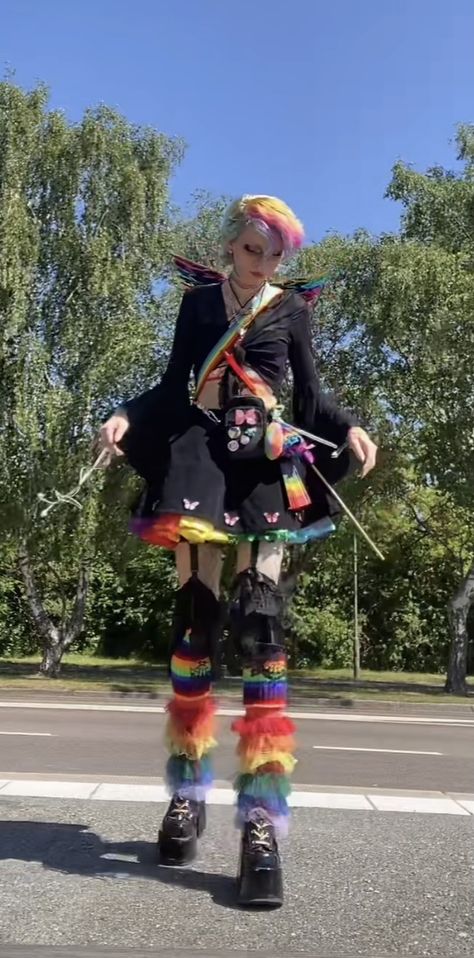 Dark Rainbow Outfit, Rainbow Grunge Outfit, Black And Rainbow Outfit, Alt Pride Outfit, Rainbow Goth Outfit, Goth Pride Outfit, Rainbow Goth Aesthetic, Pride Day Outfits, Gothic Rainbow