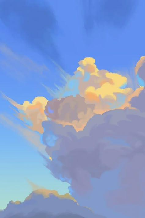 Stylized Clouds Illustrations, Clouds Reference Photo, Sunrise Clouds Painting, Sunset Sky Drawing, Illustrated Clouds, Sky Character Design, Digital Art Clouds, Gouache Clouds, Cloud Person