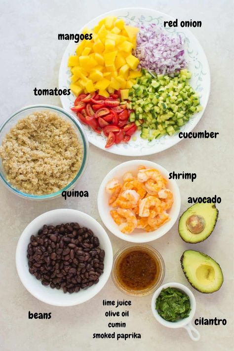 Super simple to make and bursting with flavor, this mango quinoa salad with shrimp is the perfect make ahead meal! It is a great cold salad for toddlers and older children. Quinoa With Shrimp, Shrimp Quinoa Salad, Cold Quinoa Salad Recipes, Quinoa Bowl Recipes Healthy, Mango Meals, Mango Shrimp Salad, Quinoa Shrimp, Cold Quinoa Salad, Mango Quinoa Salad