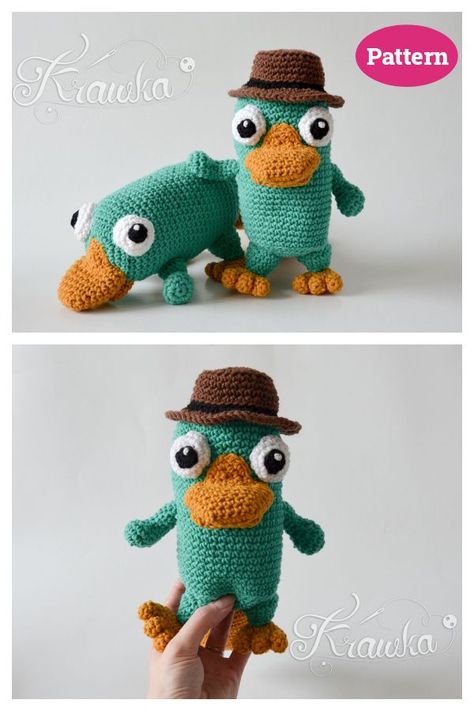 Amigurumi Platypus Crochet Pattern Perry The Platypus Crochet, Amigurumi Platypus, Platypus Crochet Pattern, Crochet Characters, Perry The Platypus, Stuffed Bunny, Crochet Keychain Pattern, Knit Ideas, Crochet Inspo