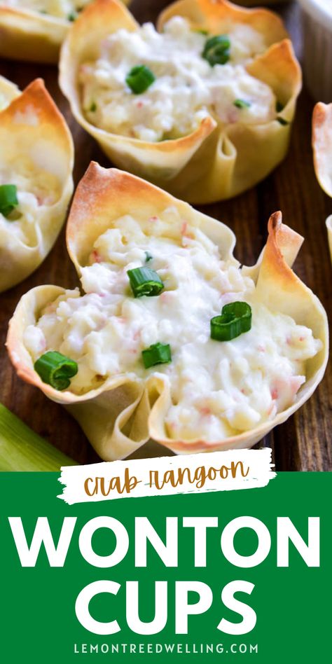 If you love crab rangoon, you'll LOVE these baked Crab Rangoon Wonton Cups! They have all the flavors of your favorite Chinese appetizer in a baked wonton cup, which means they're not only better for you, but they're so much easier to make! Recipe With Won Ton Wrappers, Easy Crab Wontons, Crab Wonton Cups, Crab Rangoon Baked Easy, Easy Crab Wonton Recipes, Baked Wonton Cups, Crab Rangoon Oven Baked, Baked Crab Rangoon Egg Rolls, Wonton Wrapper Cups