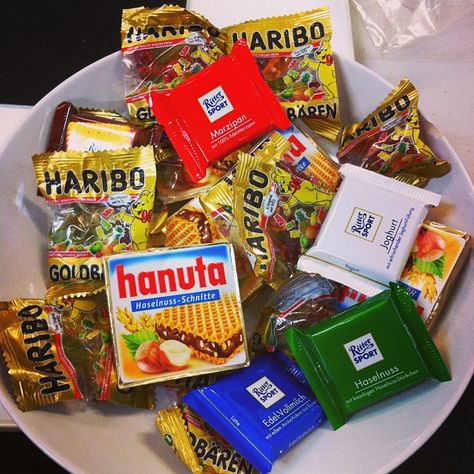 All sorts of German treats - Hanuta chocolate wafer, Ritter Sport chocolates, Haribo gummi bears German Nostalgia, German Core, German Treats, German Souvenirs, German Snacks, German Candy, Culture Dress, Chocolate Wafer, Childhood Aesthetic