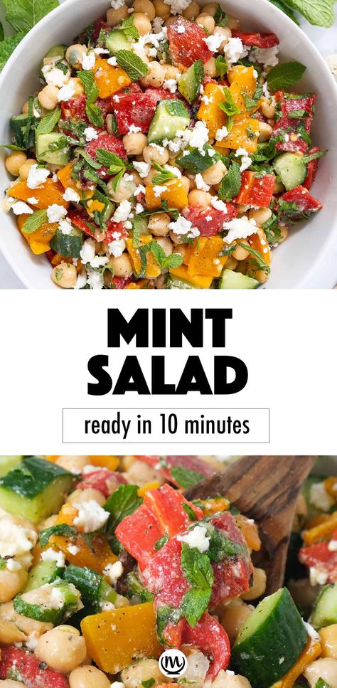 This quick salad with mint is delightful, filling and packed with flavor. The combination of chickpeas, veggies, fresh mint leaves and tangy dressing is perfect for summer! #mintrecipes #saladrecipes #glutenfreerecipes #sidedishes Mint Leaves Recipe, Mint Recipes Fresh, Mint Salad Recipes, Salad With Mint, Fresh Herb Recipes, Mint Salad, Mint Recipes, Herb Recipes, Fresh Mint Leaves