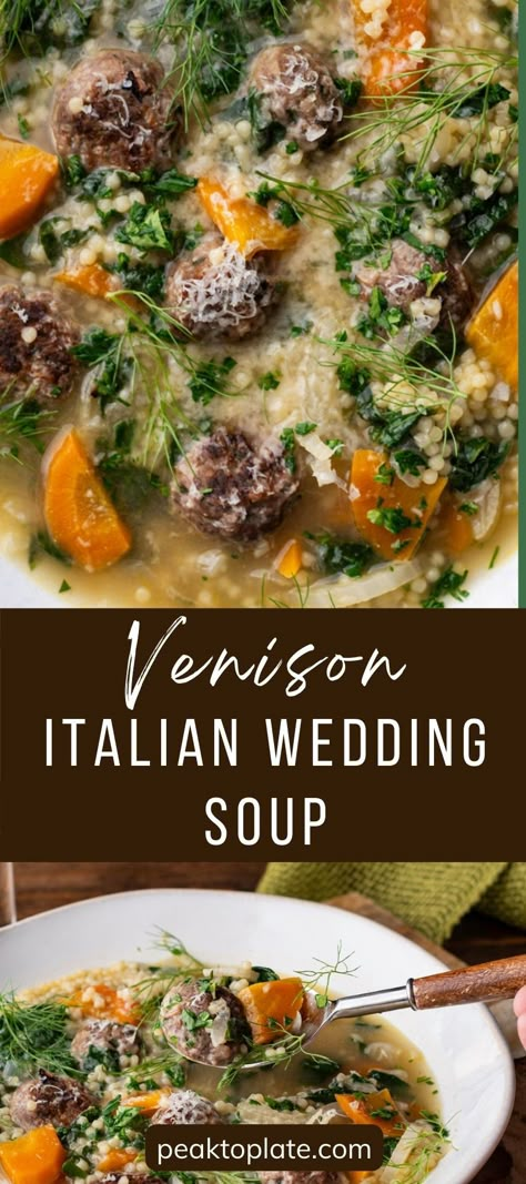 Venison Italian Wedding Soup: tender venison meatballs floating in a light, savory broth, packed with fresh vegetables, tiny pasta, and tons of flavor. This venison soup recipe is a great way to enjoy the tail ends of soup season. It's comforting but light and fresh at the same time. Give this delicious soup a try today! Soup With Deer Meat, Venison Swedish Meatballs, Soup With Venison, Mediterranean Venison Recipes, Venison Soup Recipes Crockpot, Deer Soup Recipes, Ground Venison Soup Recipes, Keto Venison Recipes, Venison Soup Recipes