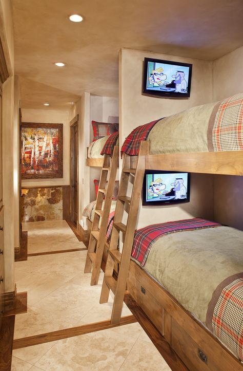 Bunk bed heaven for the kids! would not give each kid his own TV, otherwise...love this bedroom! Girls Room Bunk Beds, Girls Bunk Beds, Adult Bunk Beds, Tahoe Cabin, Kids Beds With Storage, Queen Bunk Beds, Bunk Bed With Desk, Bunk Rooms, Cool Bunk Beds