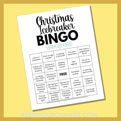 Holiday Work Party Icebreakers, Holiday Team Building Activities, Christmas Ice Breaker Games, Staff Bingo, Christmas Party Bingo, Christmas Office Games, Office Bingo, Sock Party, Icebreaker Bingo