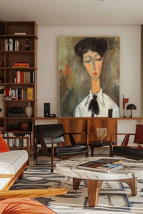 Discover how to incorporate iconic artwork into your home decor with this guide. Choose famous pieces that match your style and add cultural significance. Art On High Walls, Abstract Art Home Decor, Framed Wall Art Collage, Bauhaus Interior Design Living Rooms, Antique And Modern Mix Living Rooms, Big Paintings For Living Room, Masculine Studio Apartment, Minimal Eclectic Decor, Big Art Pieces Living Room