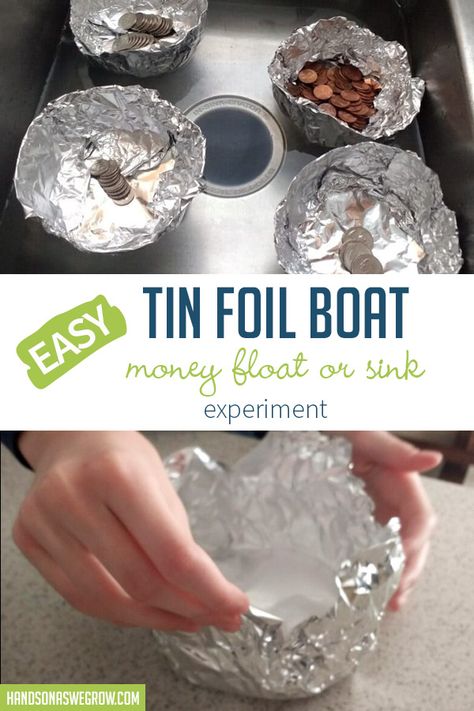 Love this simple float or sink tin foil boat experiment that's easy to set up at home in a snap! Tin Foil Boat Stem Challenge, Diy Boats For Kids That Float, Beach Science, Sink Or Float Experiment, Transportation Science, Float Or Sink, Foil Boat, Scout Games, Library Programming