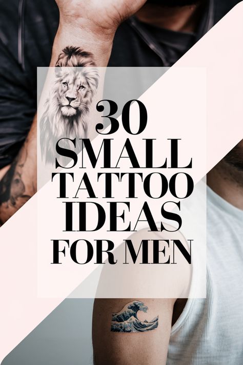 30 small tattoo ideas for men, featuring a lion and a wave tattoo. Men Minimalist Tattoo Ideas, Small Meaningful Tattoos For Guys, Minimalist Tattoo Men Unique, Mens Small Tattoo Ideas Unique, Unique Tattoos For Men Meaningful, Cool Tattoos Men, Trendy Tattoos For Men, Creative Tattoo Ideas For Men, Tiny Skull Tattoos