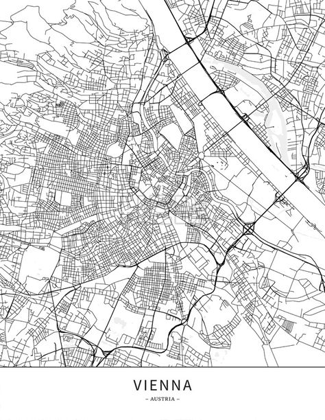 Vienna, Austria, Map poster borderless print template. Black streets, railways and grey water on white. This map will show only basic shapes for landm... ... #download #poster #map #stockimage #graphic #cityposter #citymap #city Bedroom Pics, Vienna Map, Austria Map, Sketching Inspiration, Template Black, Bedroom Pictures, Download Poster, Vector Map, Sketch Inspiration